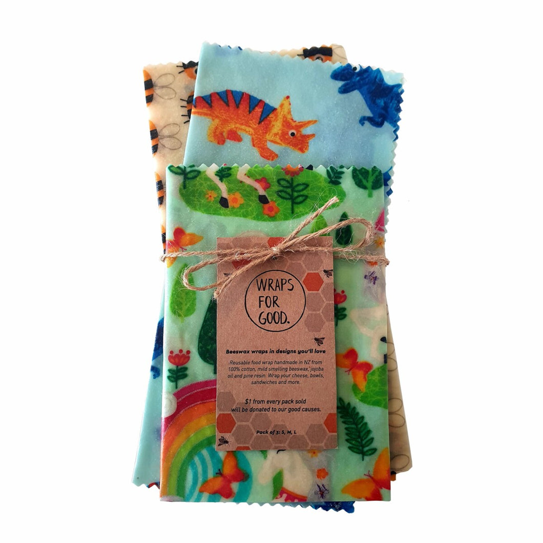 Beeswax Wraps 3 Pack- Designs available - Bees, Avo's, Dino's, Foliage, Tropical, Organic Honeycomb or Kids Fun 3 pack.